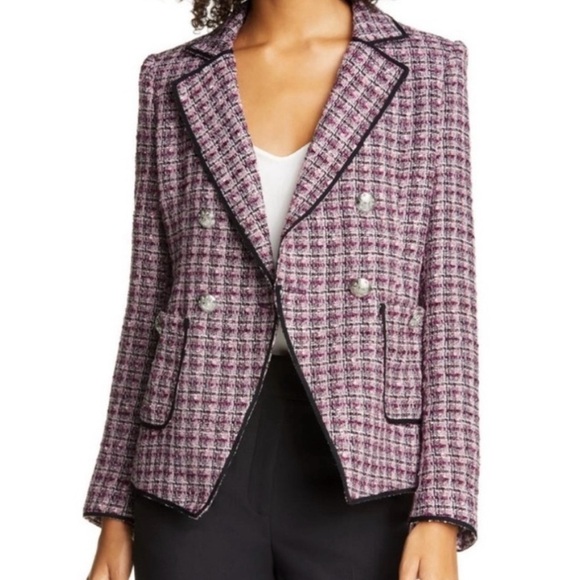 Veronica Beard Theron Tweed Double Breasted Jacket Size 2 Purple Black